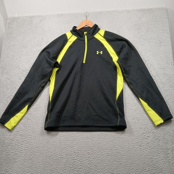 Under Armour ColdGear Quarter Zip Men's LG Black Neon Yellow Fitted - Picture 2 of 7